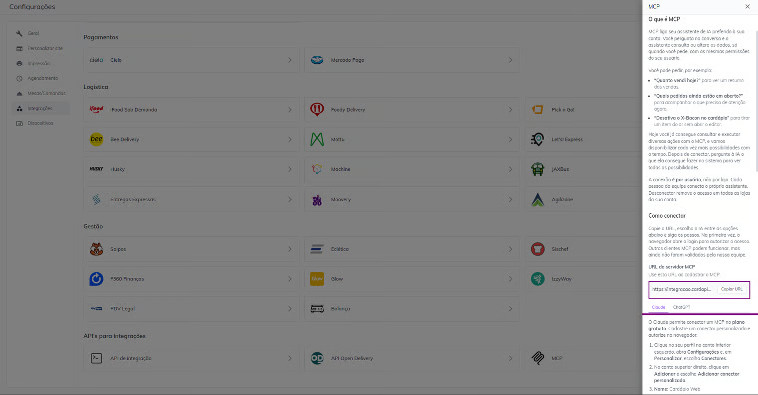 Painel lateral do MCP, com a URL do servidor MCP, o botão Copiar URL e as instruções para Claude e ChatGPT