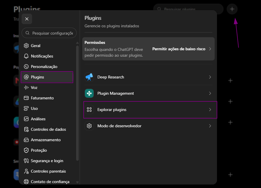 Configurações do ChatGPT com Plugins selecionado e a opção Explorar plugins destacada