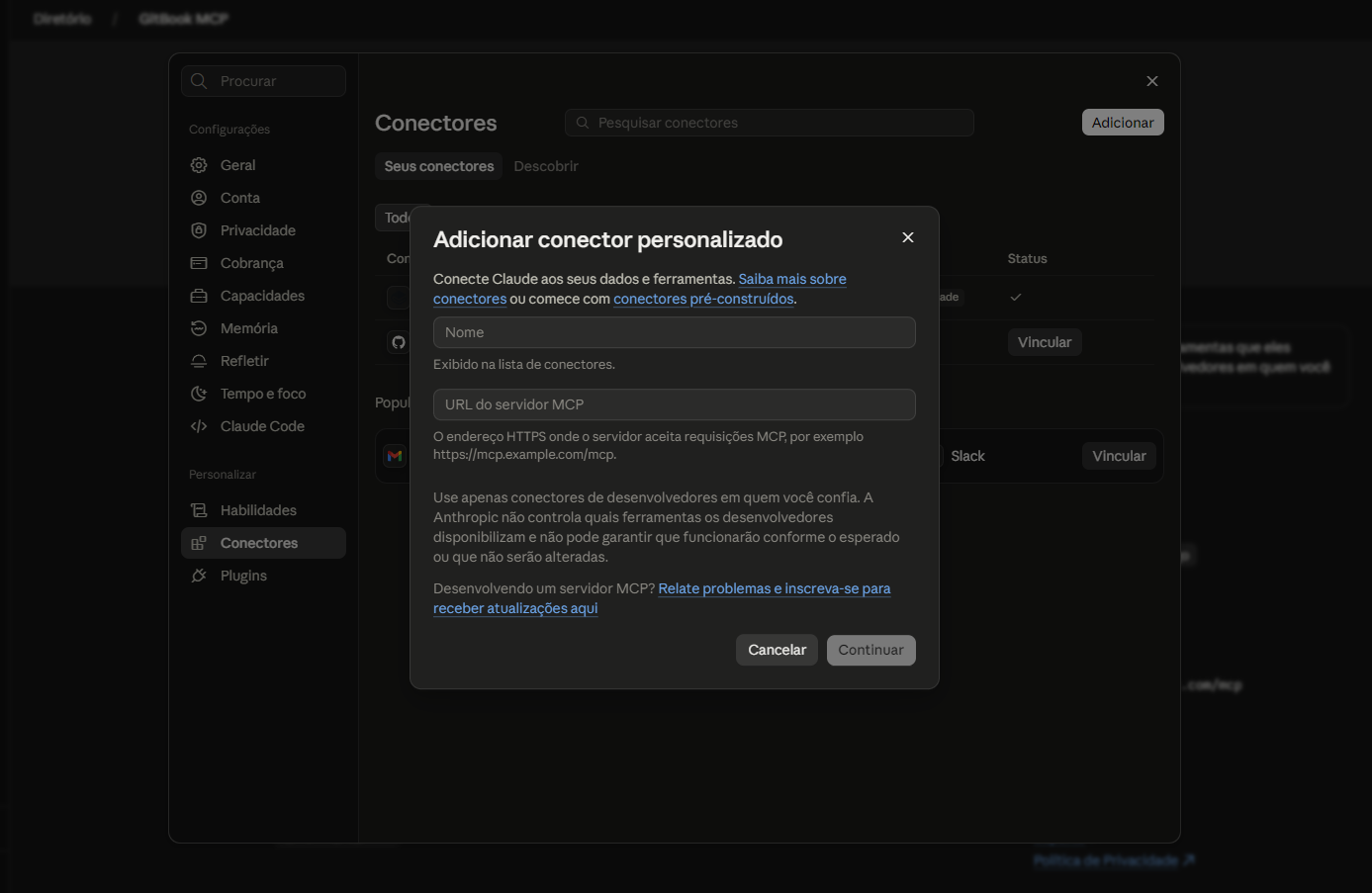 Janela Adicionar conector personalizado do Claude, com os campos Nome e URL do servidor MCP