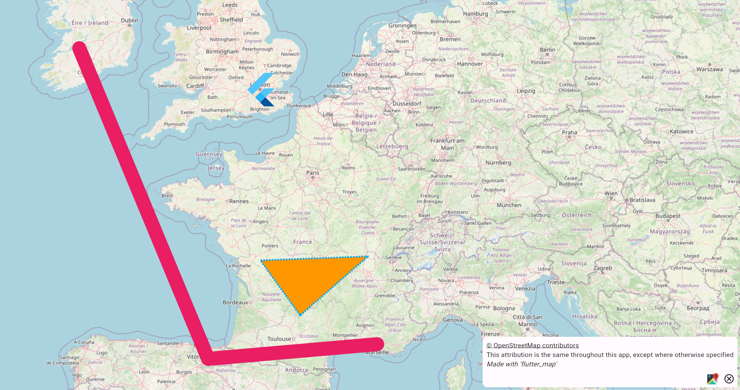 Example FlutterMap widget, containing multiple feature layers, atop a TileLayer