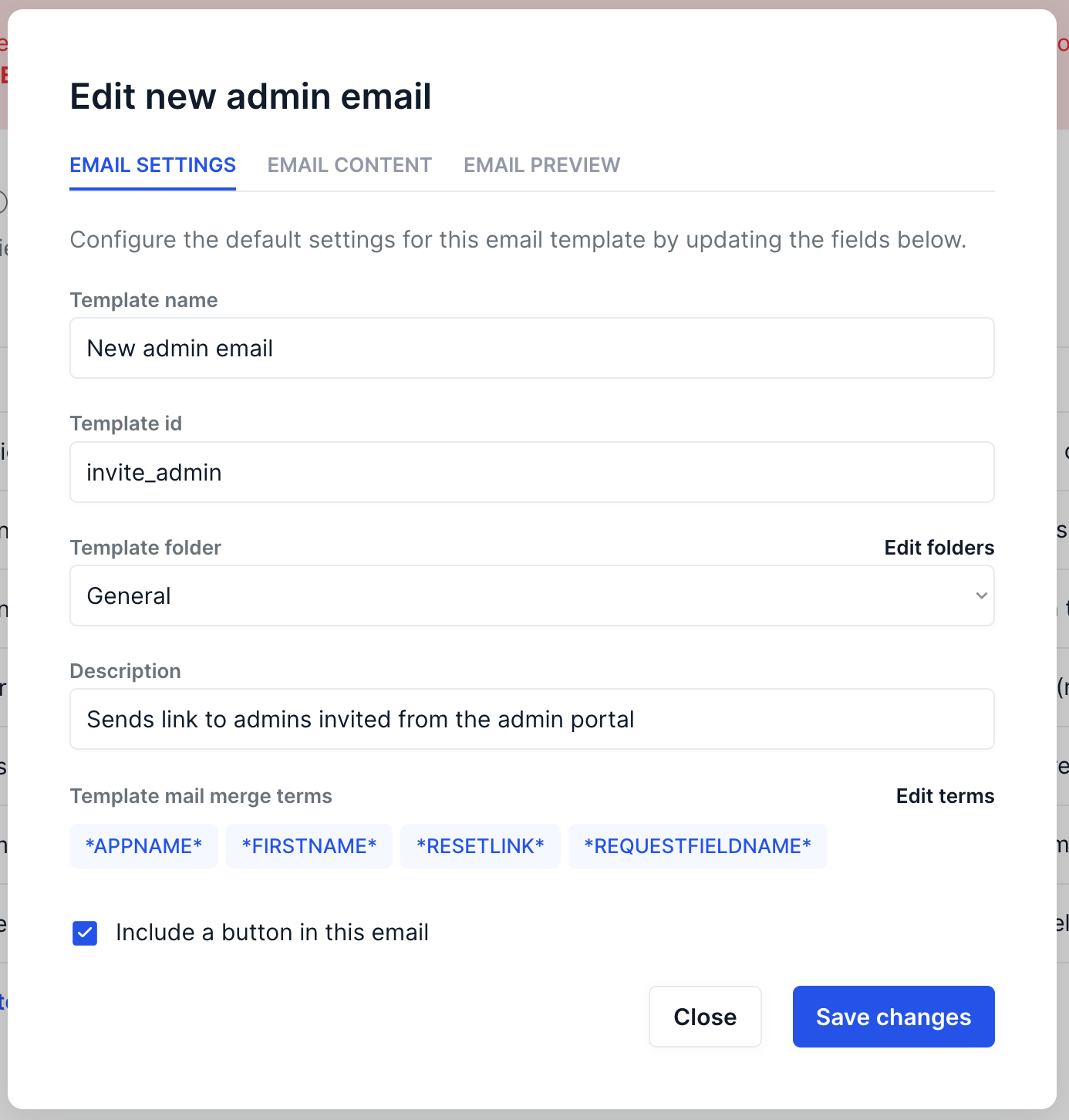 Edit email template popup