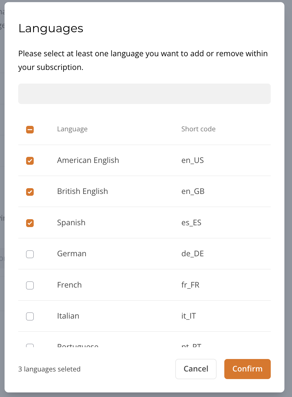 Languages selection dialog