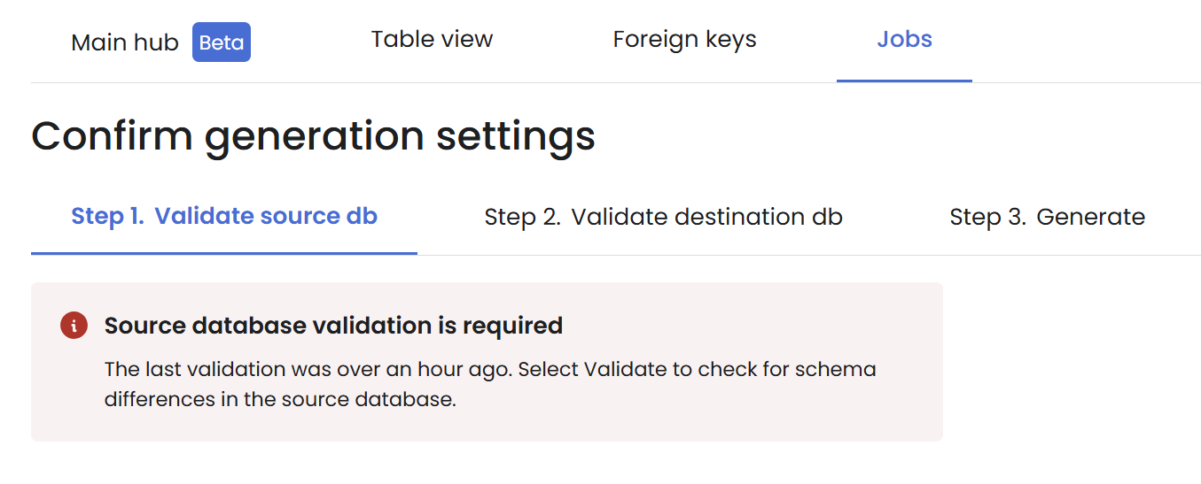 Source database validation warning showing schema drift and required sync action