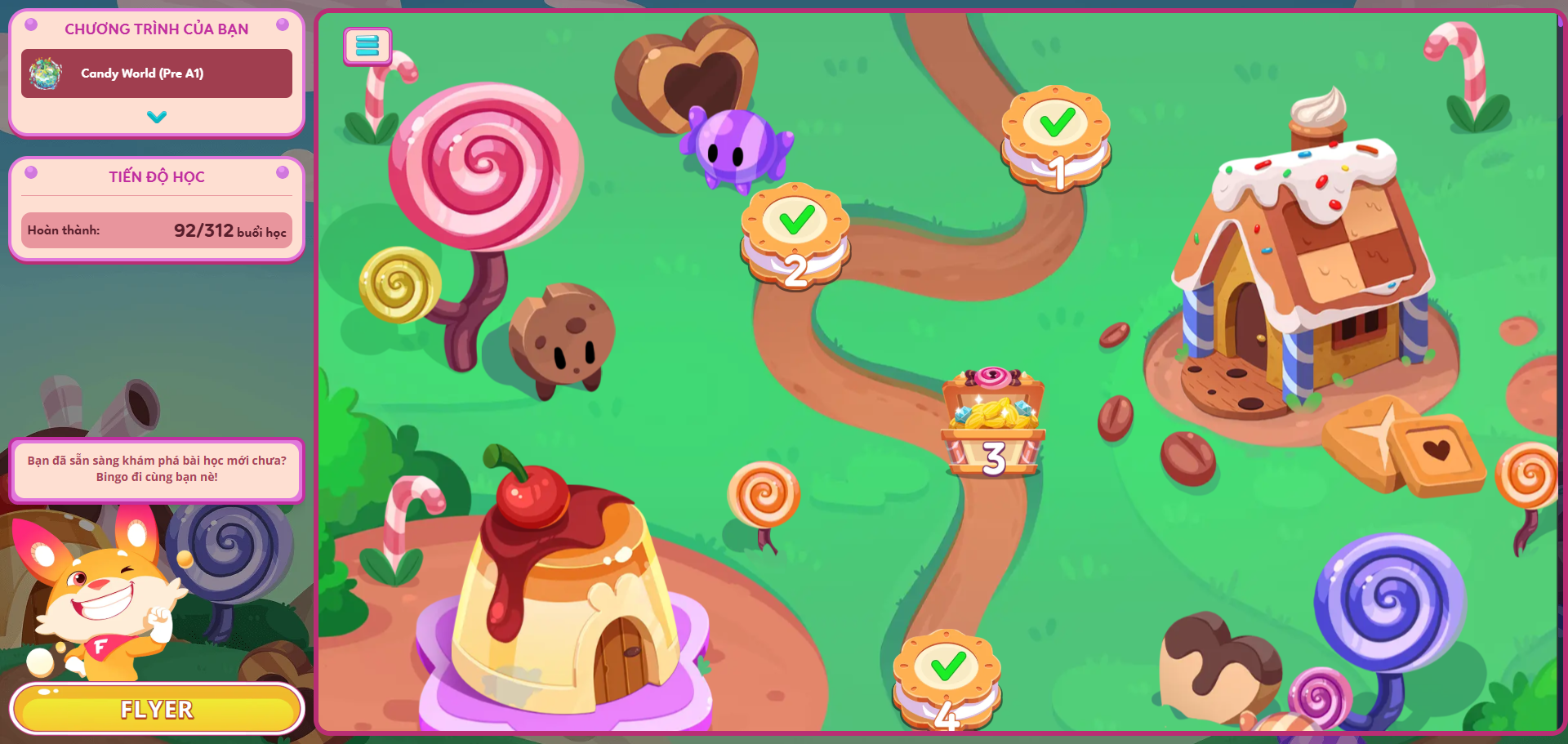 Trang Study hiển thị lộ trình học theo chương trình đã chọn (ví dụ Candy World Pre A1), chia thành các chặng đánh số — chặng có dấu ✓ là đã hoàn thành. Bên trái hiển thị tiến độ học (số buổi đã hoàn thành/tổng số buổi).