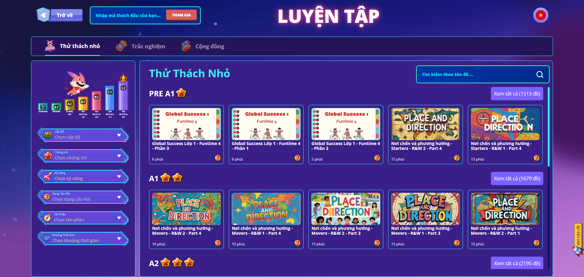 Trang Luyện tập chia thành 3 tab: Thử thách nhỏ, Trắc nghiệm, Cộng đồng. Bài tập được xếp theo cấp độ (Pre A1 → C2) — dùng bộ lọc bên trái (Cấp độ, Chứng chỉ, Kỹ năng, Dạng câu hỏi...) để tìm đúng bài cần luyện.