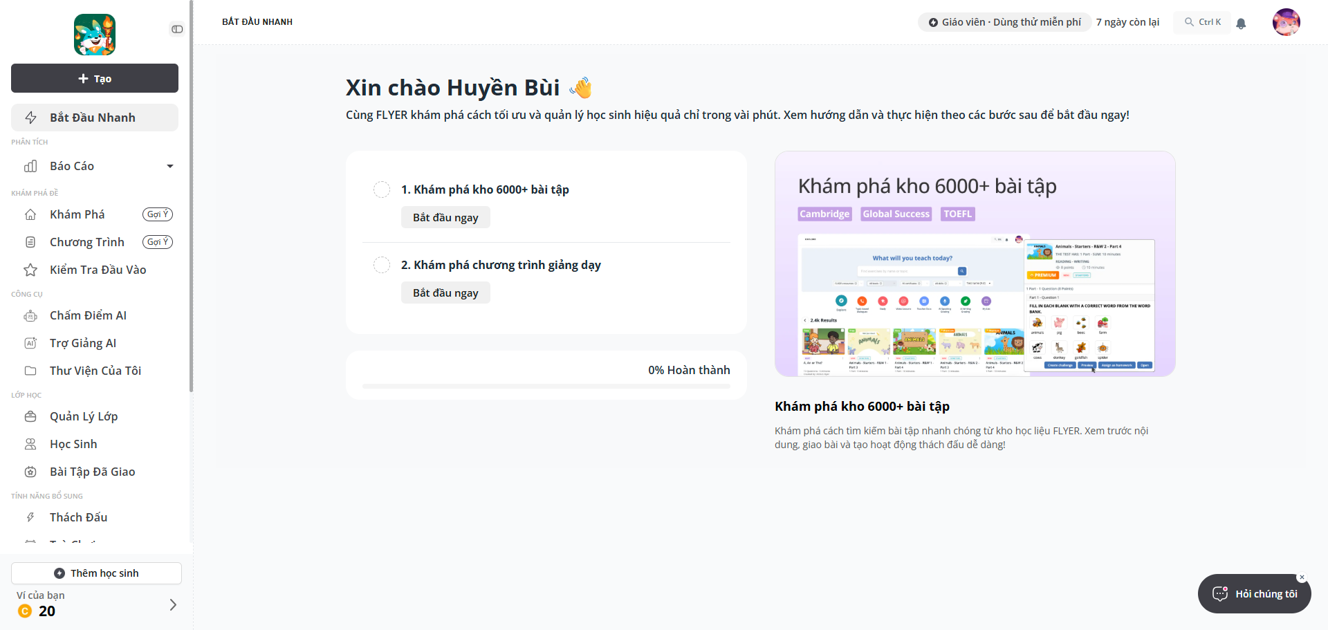 Màn hình chào mừng ngay sau khi đăng nhập thành công. Thanh “0% Hoàn thành” ở dưới gợi ý 2 việc nên thử trước: khám phá kho 6000+ bài tập và khám phá chương trình giảng dạy.