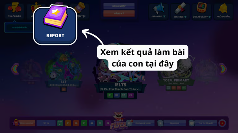 Muốn xem lại các bài đã làm trước đó, quay về trang chủ và bấm biểu tượng “REPORT” ở góc trên.