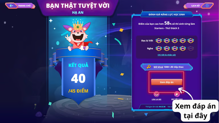 Ngay sau khi nộp bài, màn hình kết quả hiện điểm số — bấm “Xem đáp án” để xem đáp án của bài vừa làm.