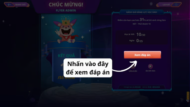Bấm vào một bài trong danh sách để mở lại màn hình kết quả của bài đó, kèm nút “Xem đáp án”.