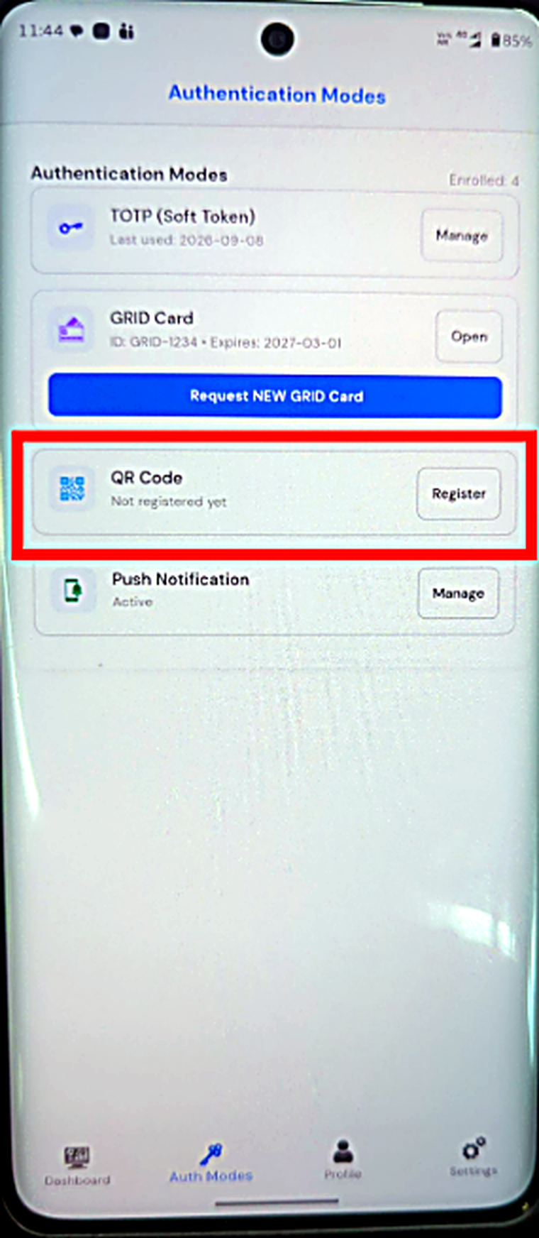 QR Code in the Auth Modes list, not yet registered.