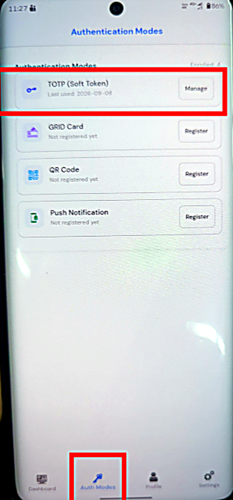 TOTP in the Auth Modes list.