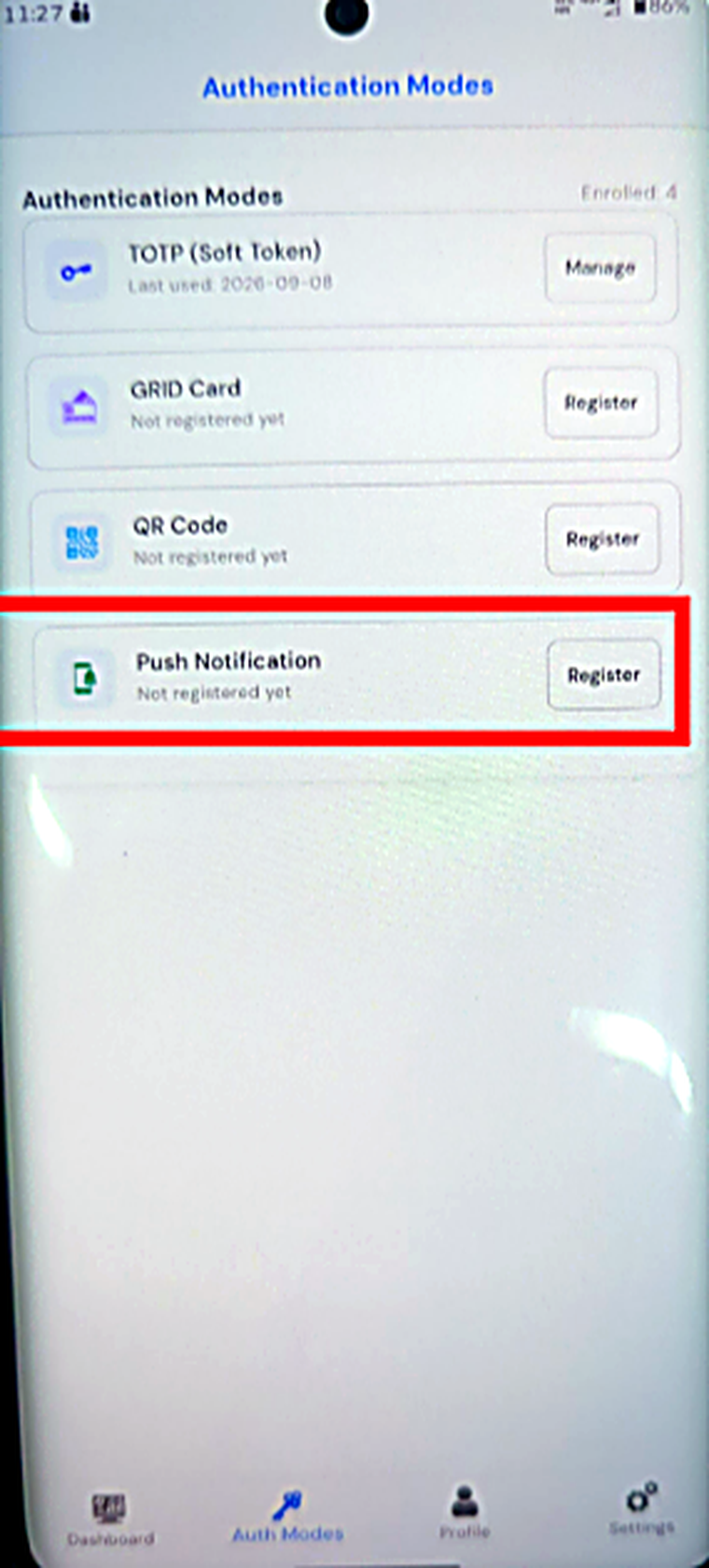 Push Notification in the Auth Modes list, not yet registered.