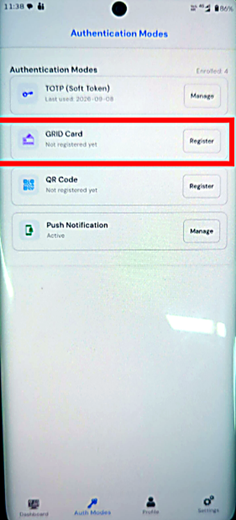 GRID Card in the Auth Modes list, not yet registered.
