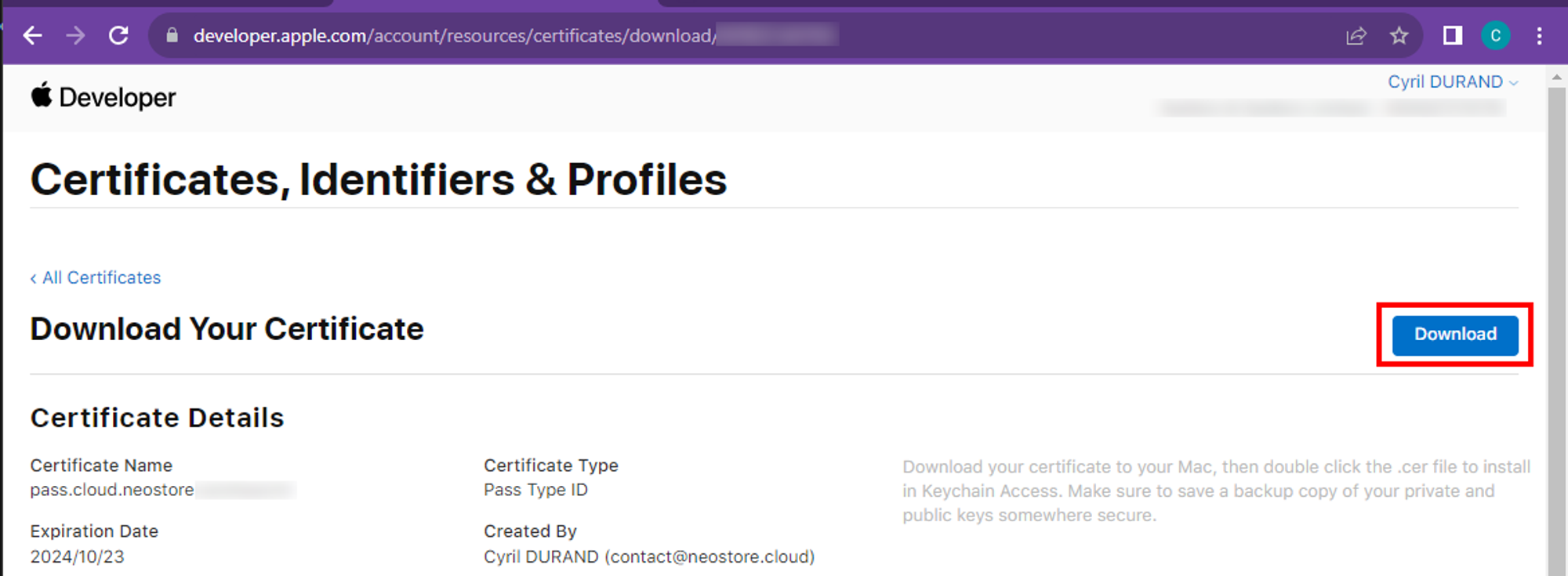 Apple Developer Portal certificate download screen for the generated pass certificate