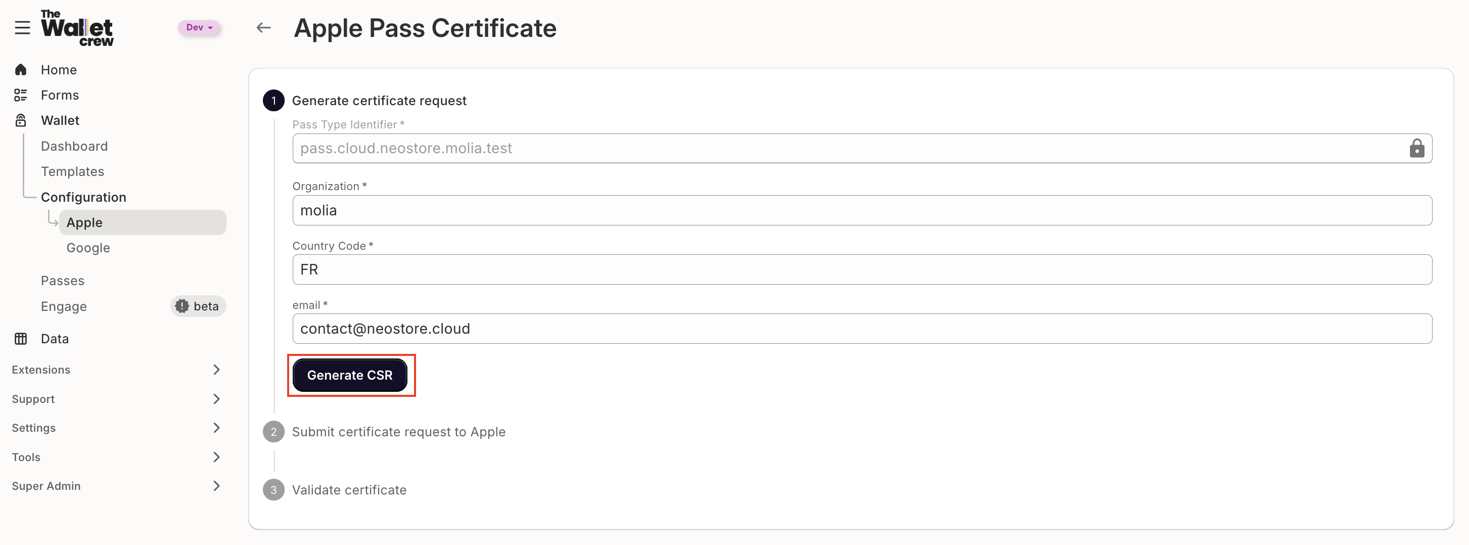 The Wallet Crew Apple configuration showing the Generate CSR action