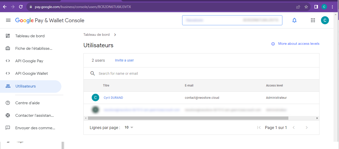 Google Pay & Wallet Console Users page showing user access management
