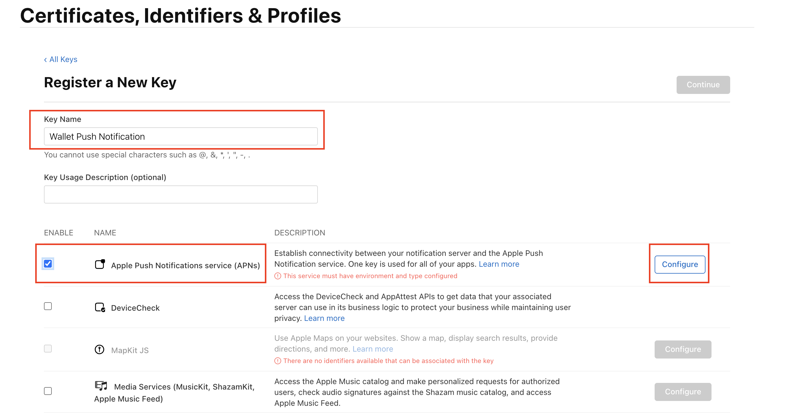 Apple Developer Portal key registration form with APNs enabled
