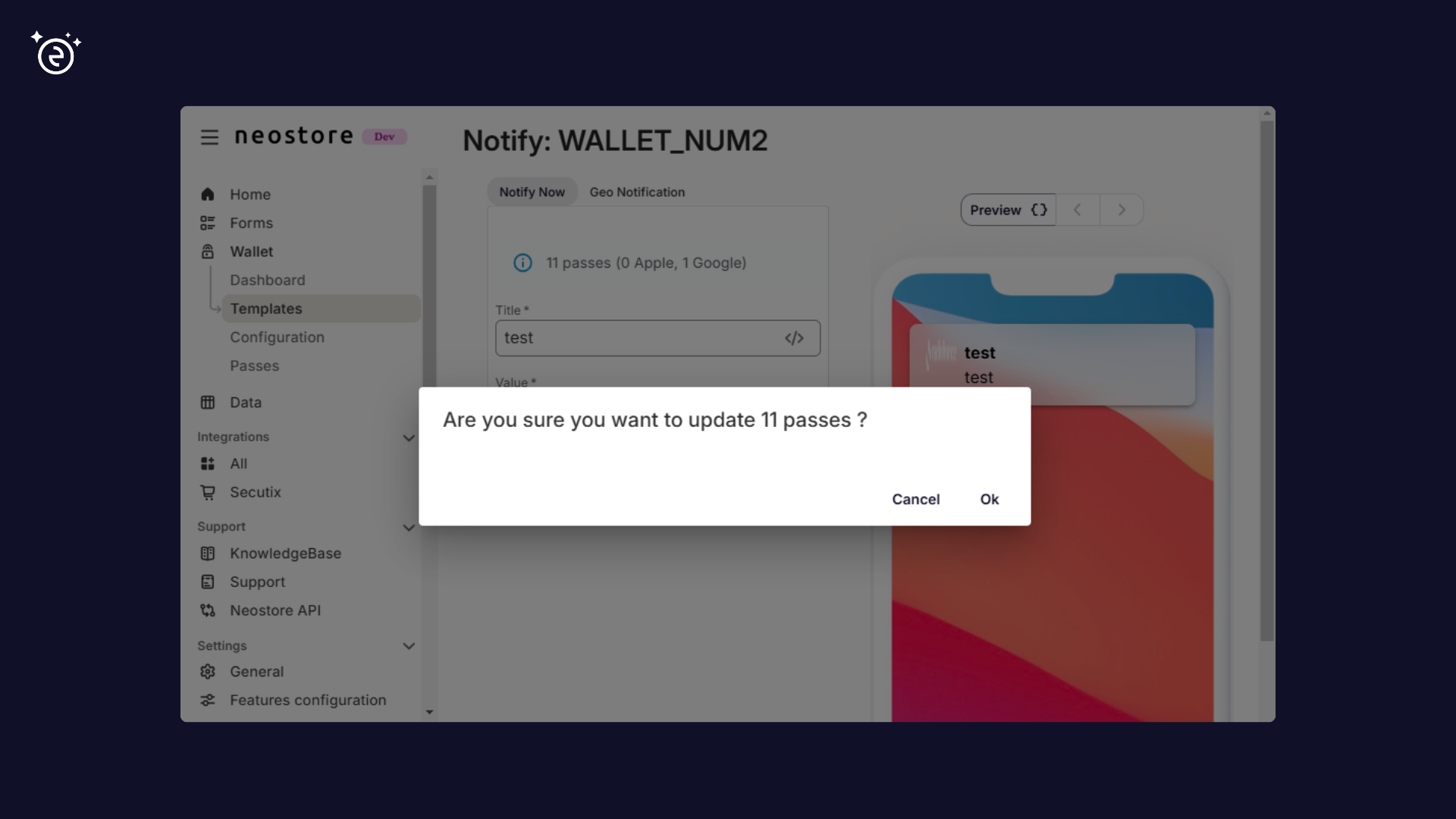 Notification screen: confirmation box