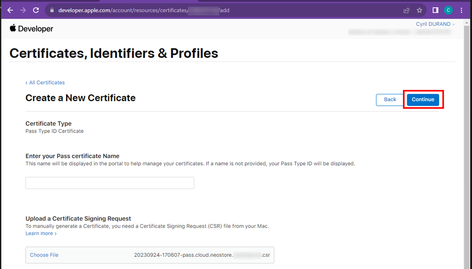 Apple Developer Portal confirmation screen for renewed pass certificate