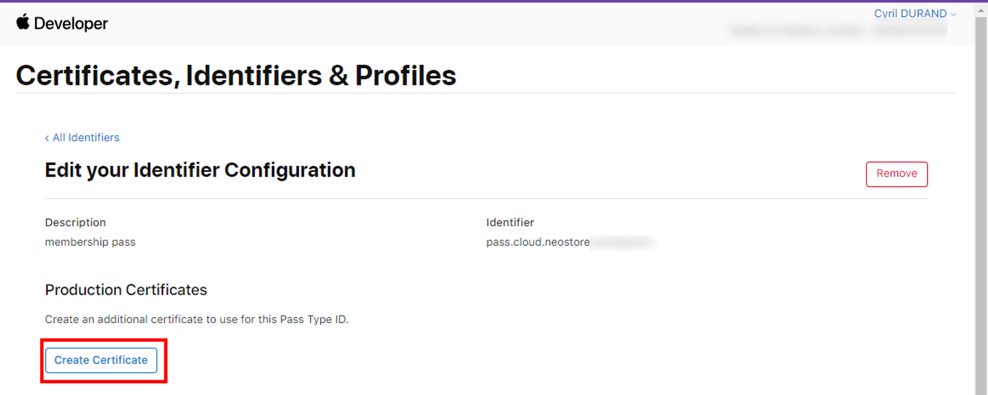 Apple Developer Portal Pass Type ID details showing the Create Certificate button