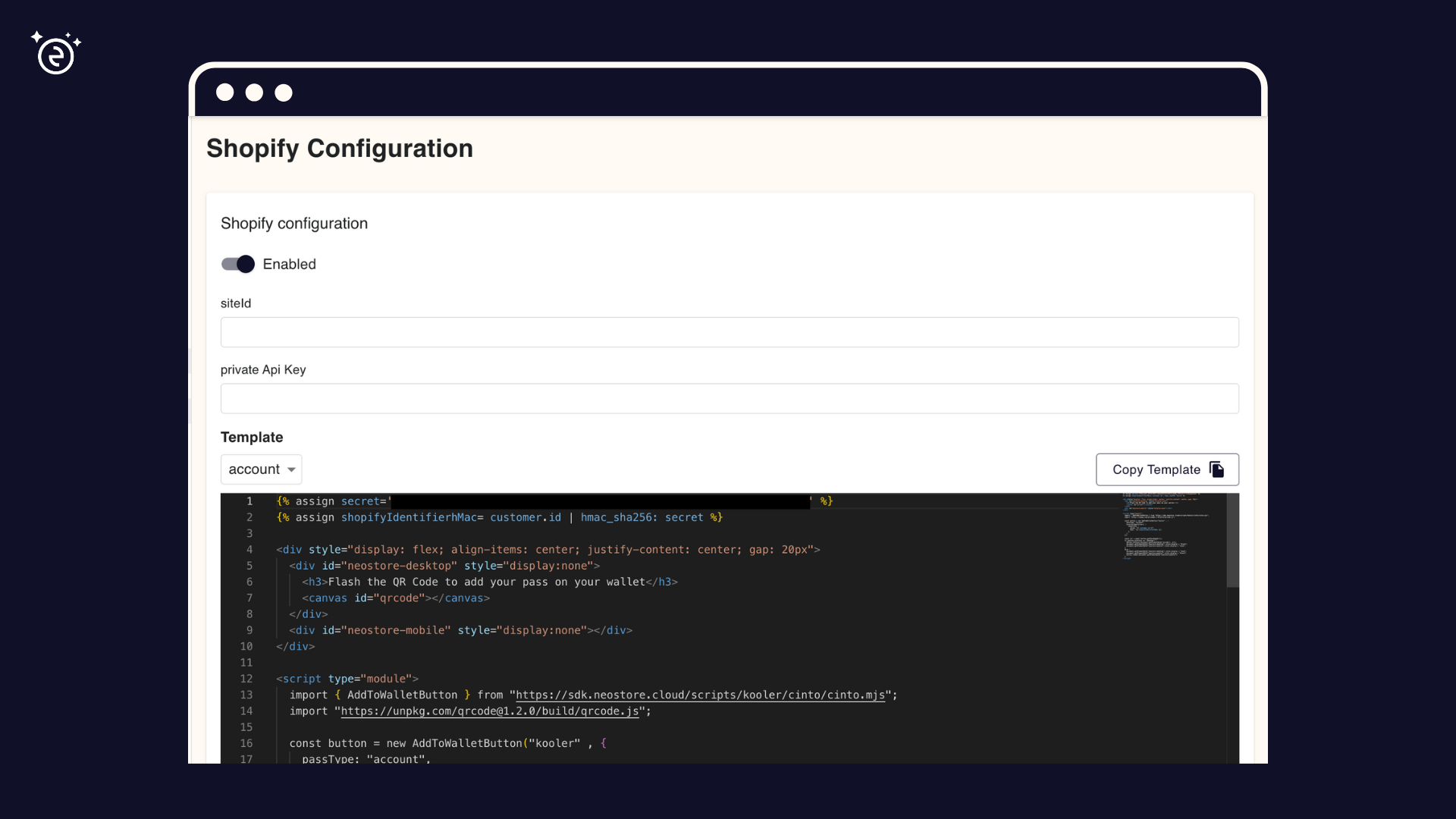 Shopify configuration interface