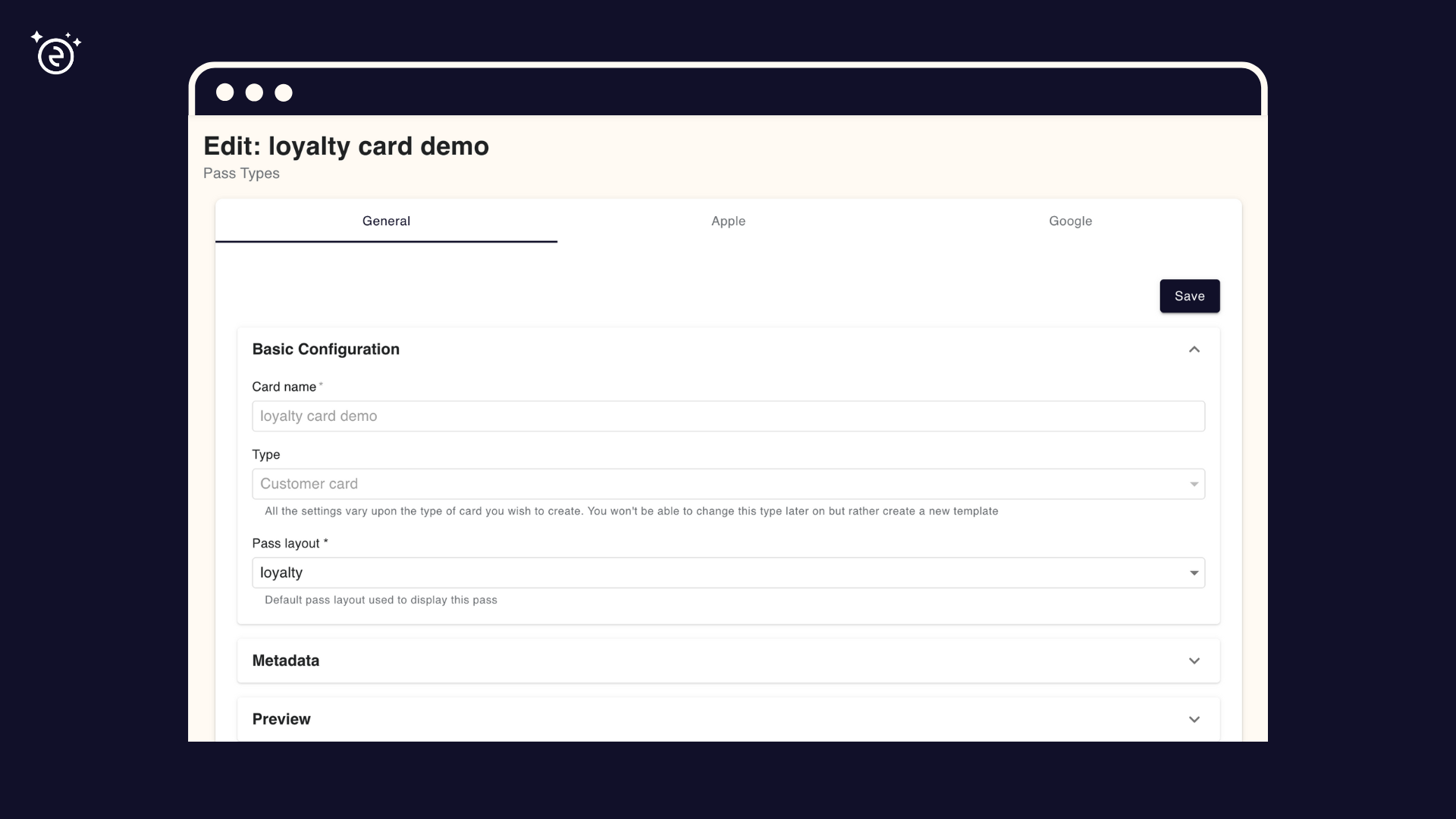 Edit preview and metadata for a pass type