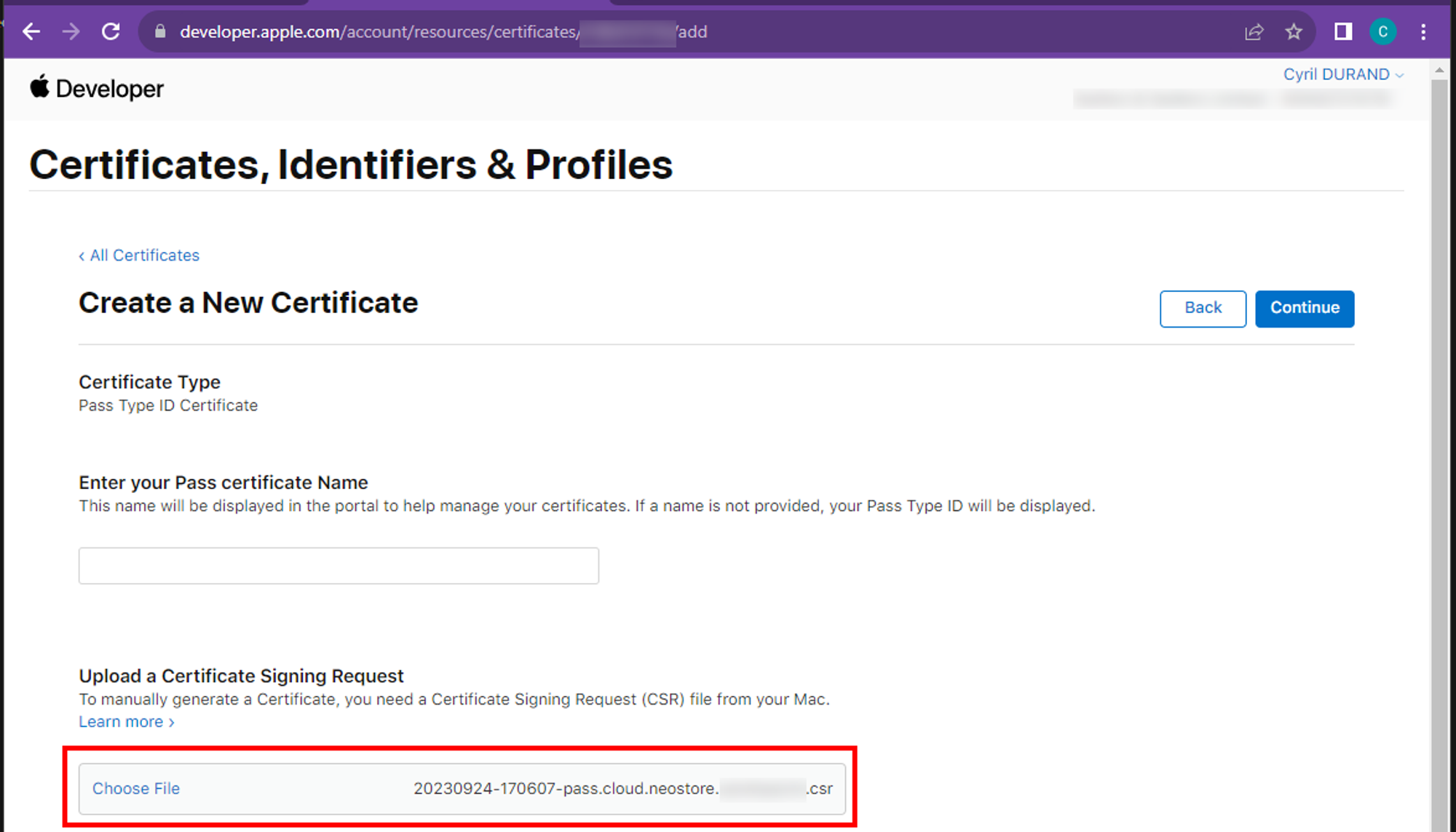 Apple Developer Portal certificate creation form showing CSR upload