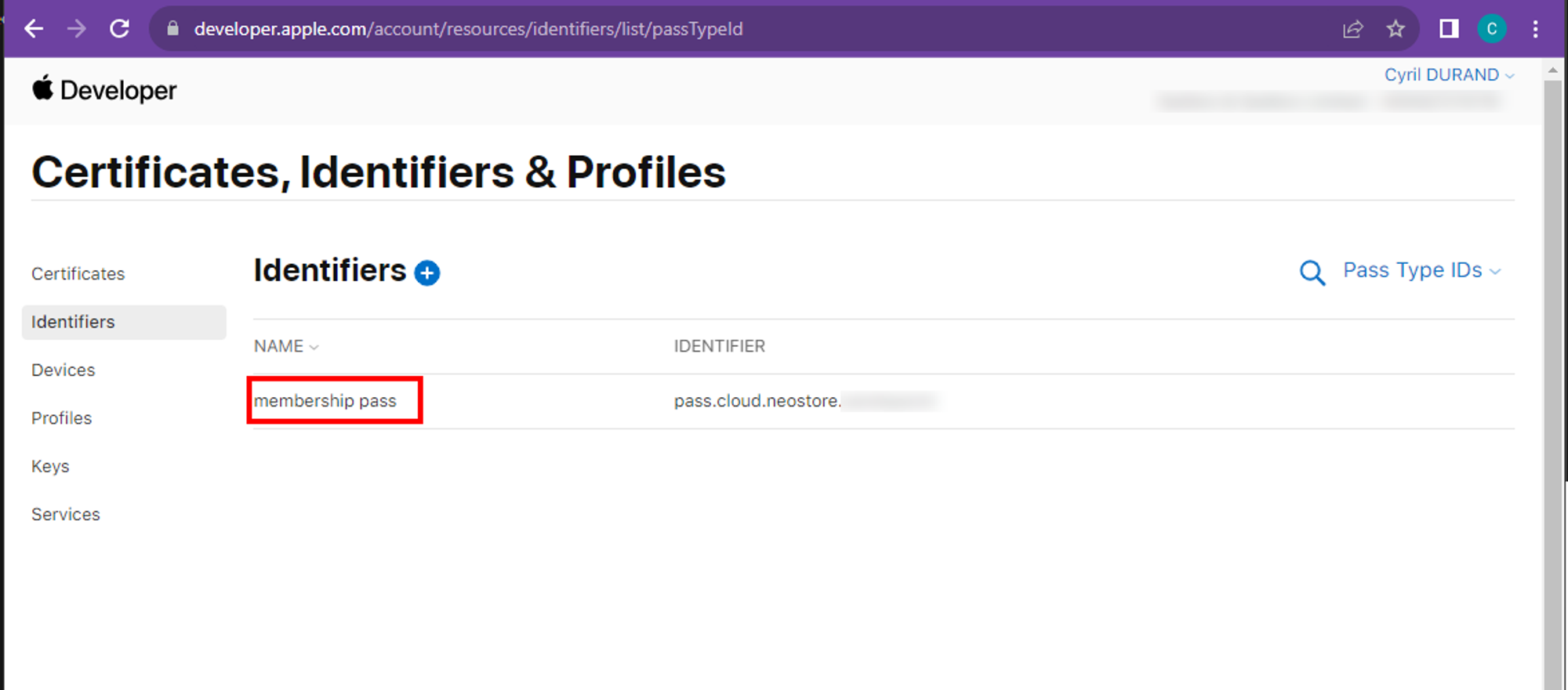 Apple Developer Portal identifiers list showing the created Pass Type ID