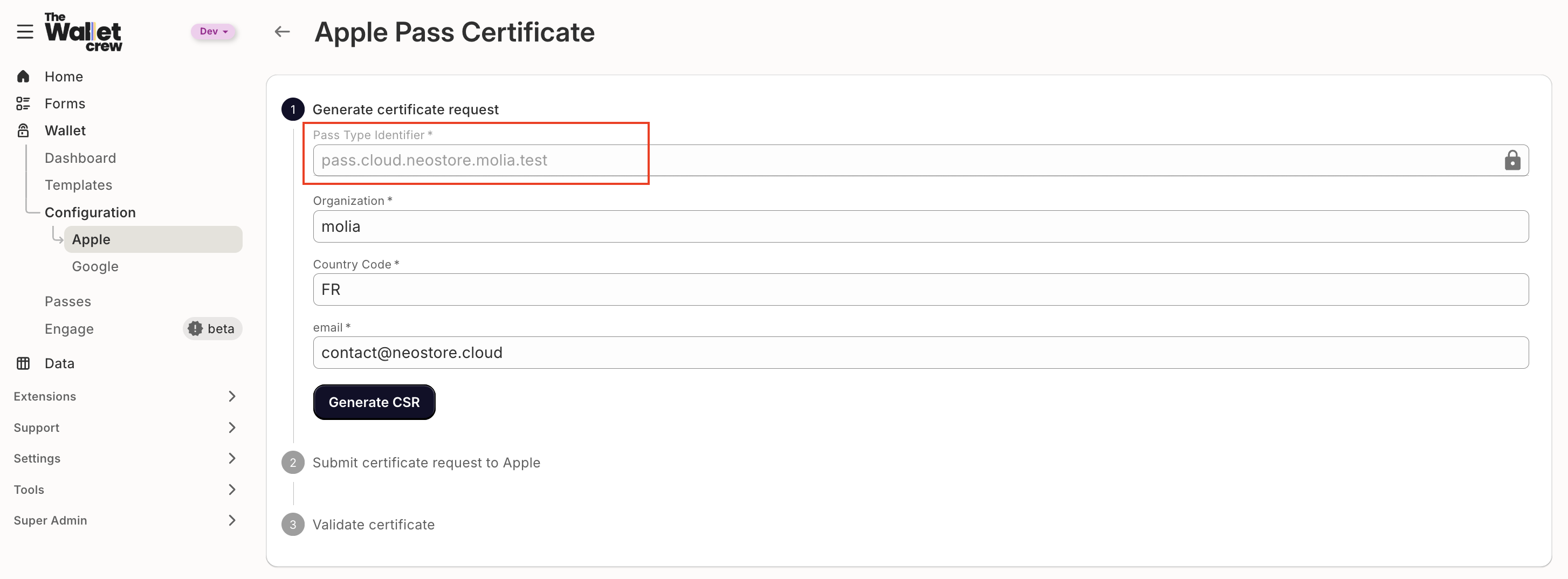 The Wallet Crew console showing the Pass Type Identifier value to copy into Apple Developer Portal
