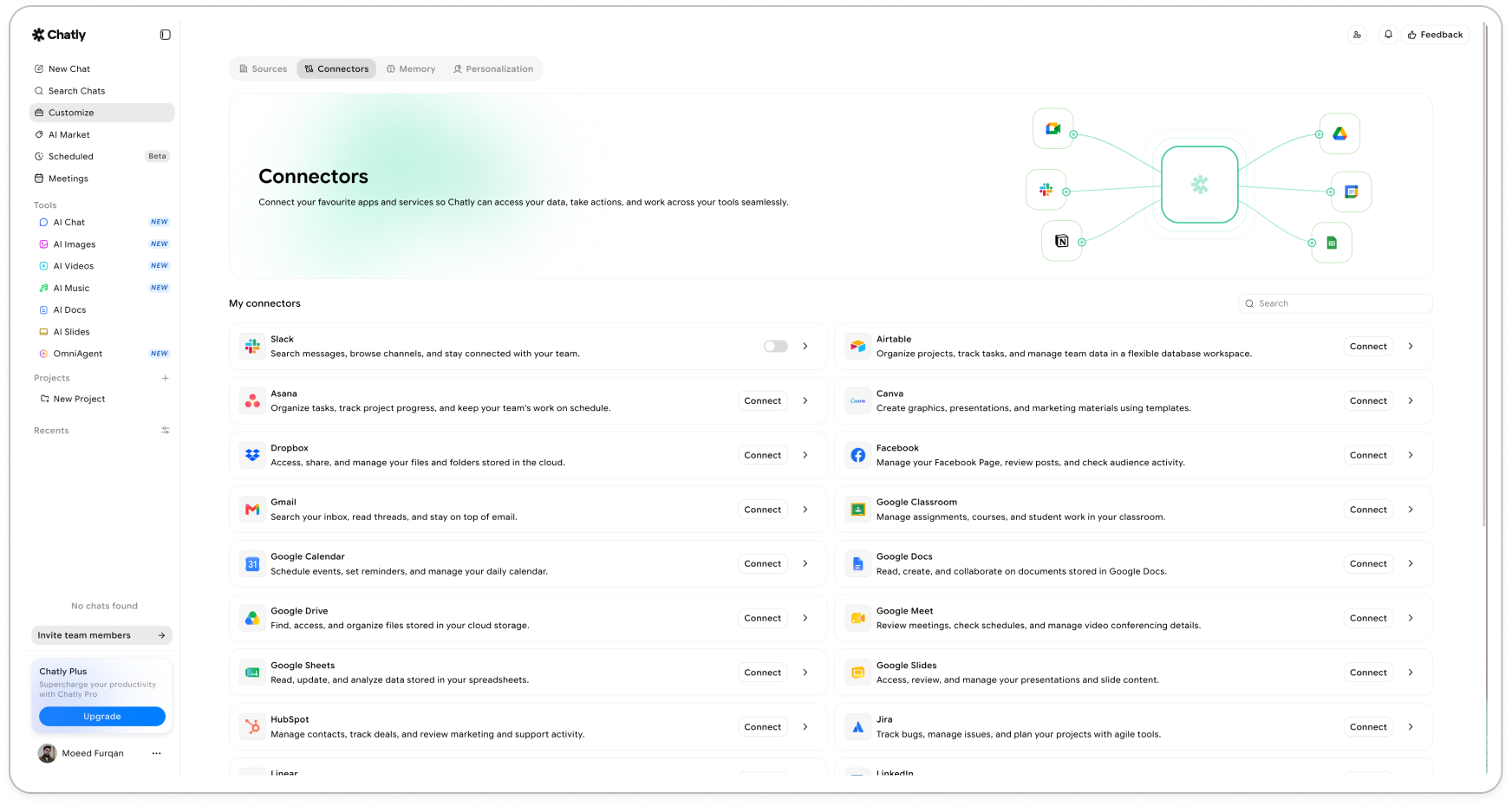 Select any app to connect it. Chatly only accesses what you allow, and you can disconnect at any time.