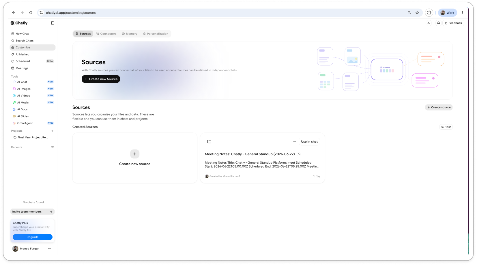 Create a Source from your files or data, then reuse it in any chat — manage them all under Customize → Sources.