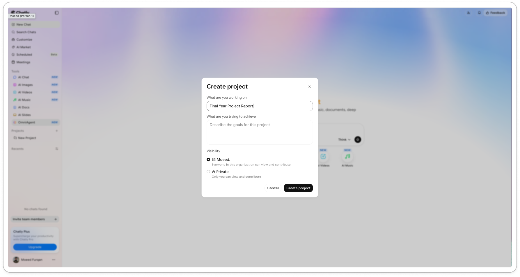 Create a project, name it, and choose its visibility — shared with your team or private to you.