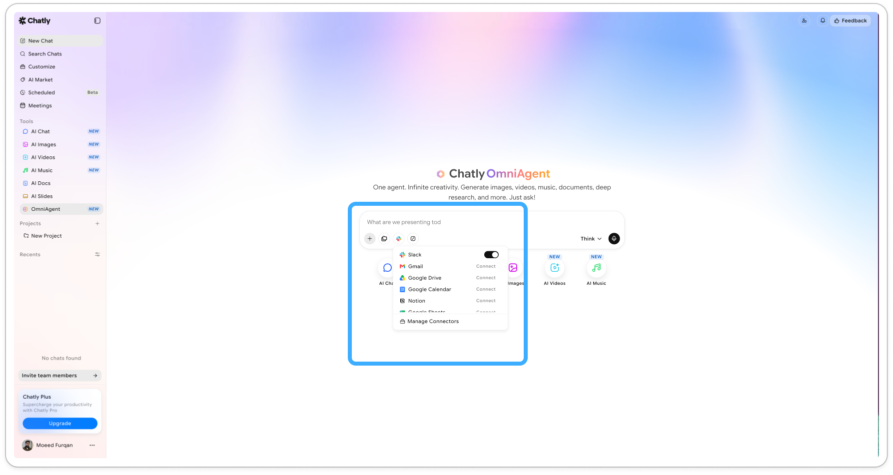 Once connected, you can call your apps right inside a chat from the + menu — no need to leave the conversation.