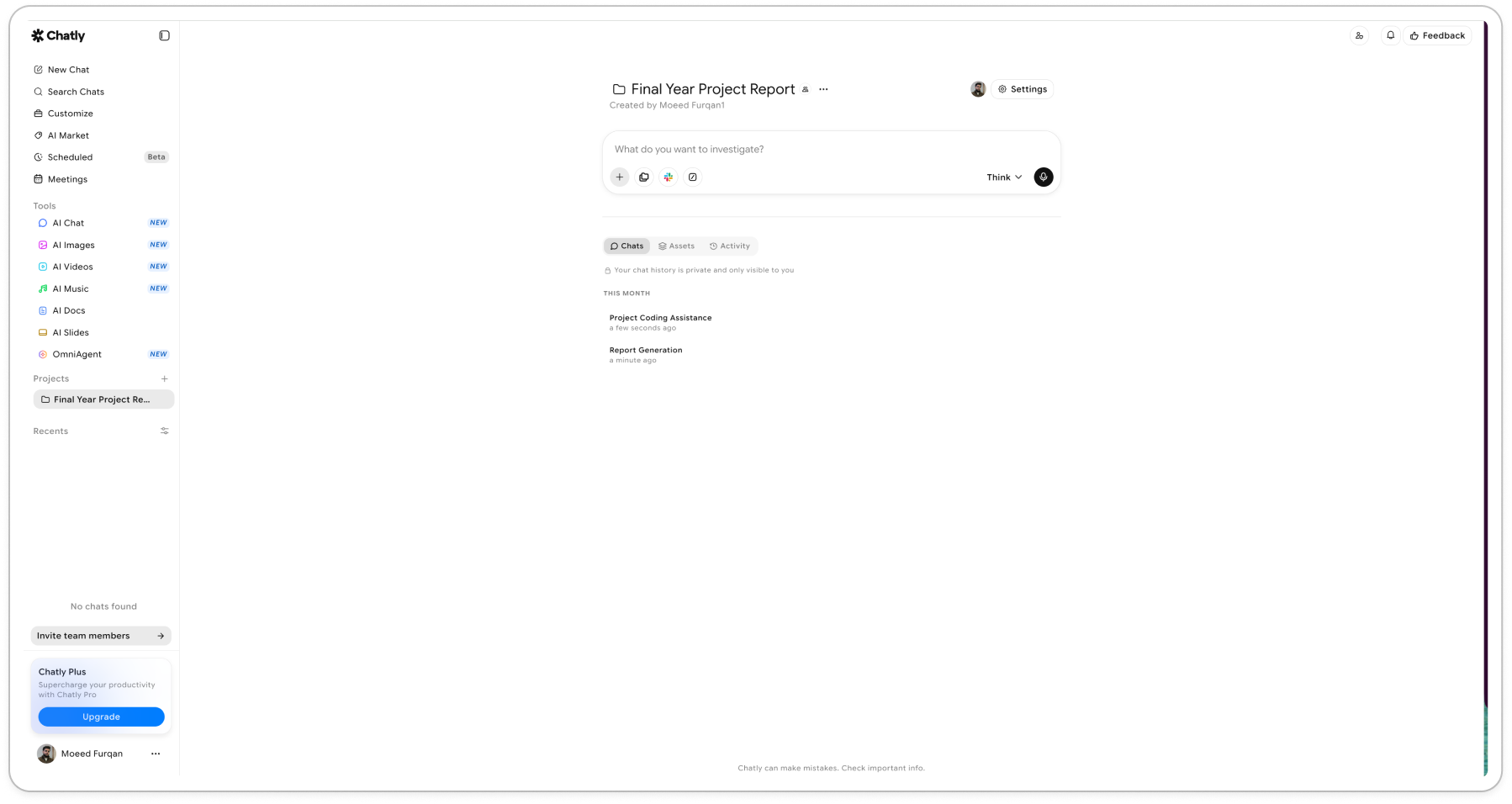 Each project keeps its chats, assets, and access together, with its own composer for that piece of work