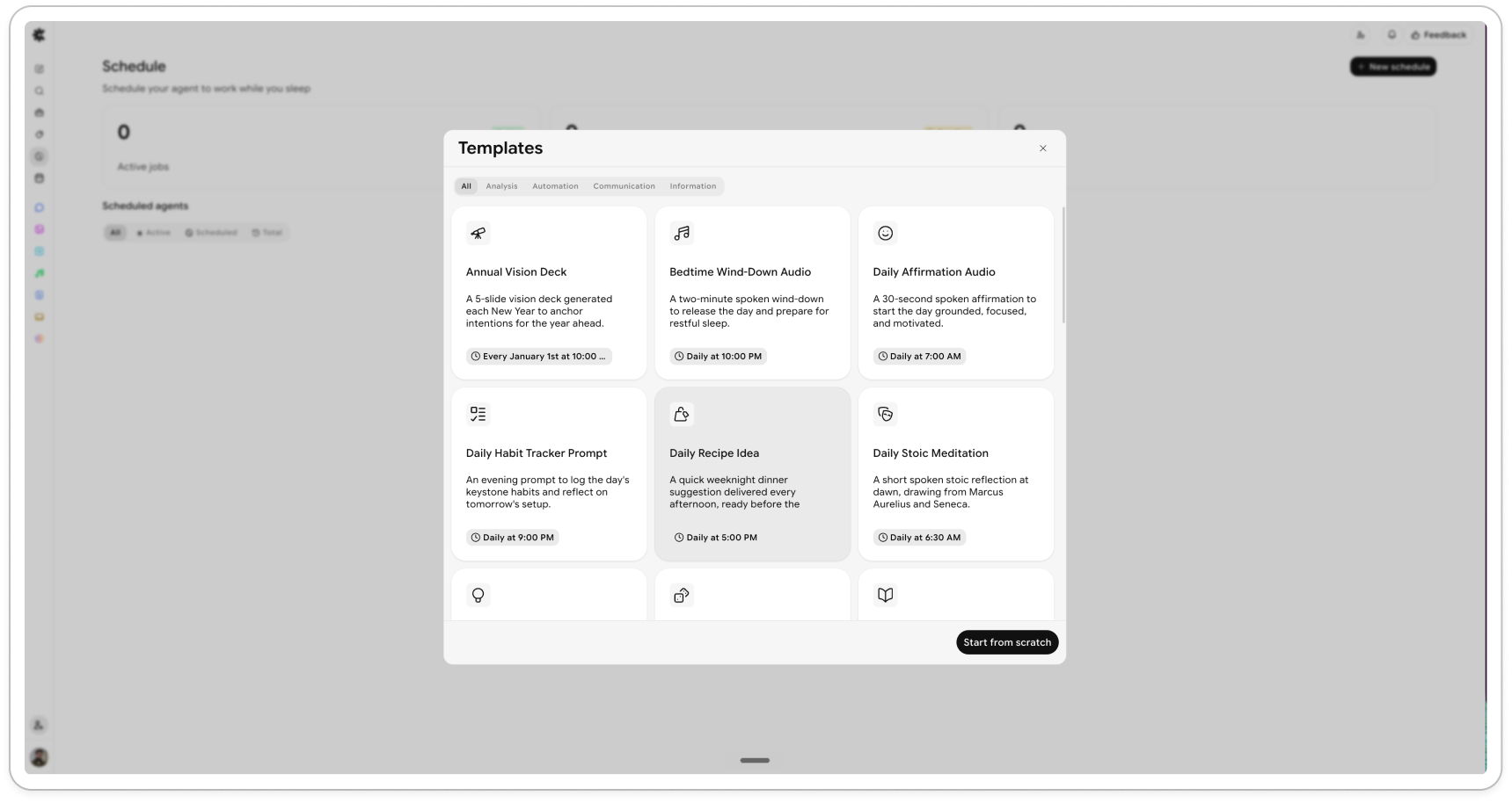 Start from 25+ ready-made templates across Analysis, Automation, Communication and Information — or start from scratch.
