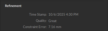 A screenshot from Motive the Skeleton properties pane, Refinement Section, showing that the skeleton had a Range of Motion calibration applied on 10/6/25 at 4:30 pm, with Great Quality and Constraint error of 7.16 mm.