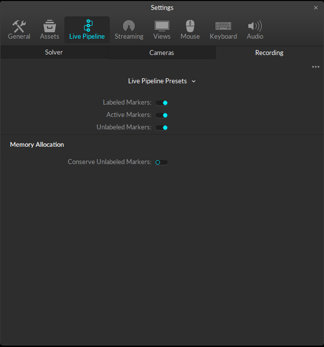 A screenshot of the Motive Settings panel showing the standard Live Pipeline settings, with the Recording properties displayed. 