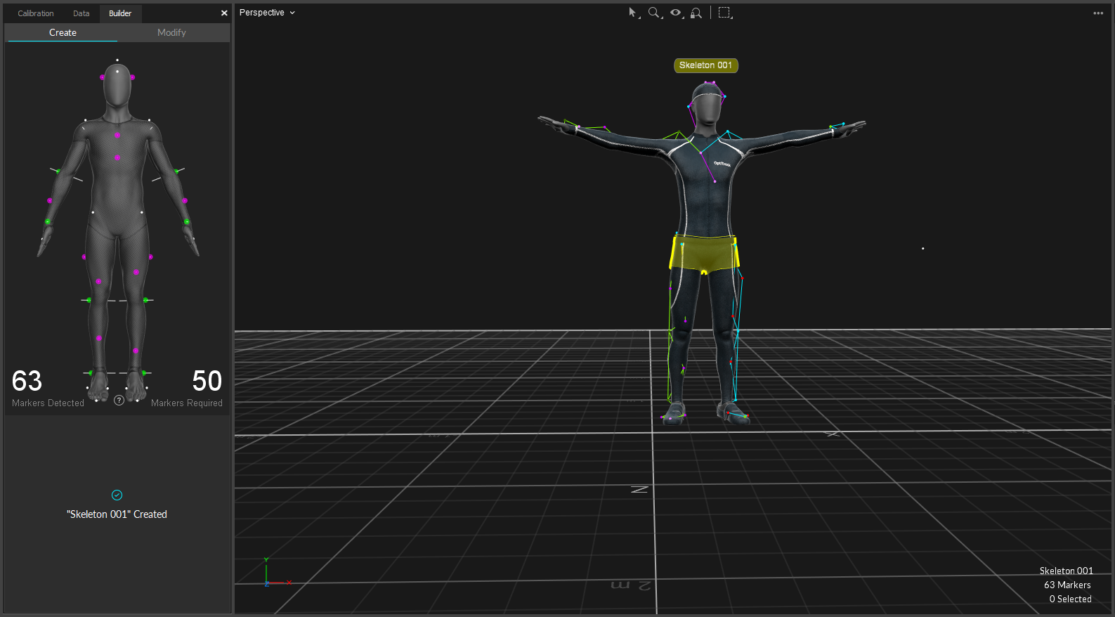 A screenshot of the Motive Builder pane and the 3D Viewport at the beginning of the skeleton creation and calibration phase, early in the sample collection. 