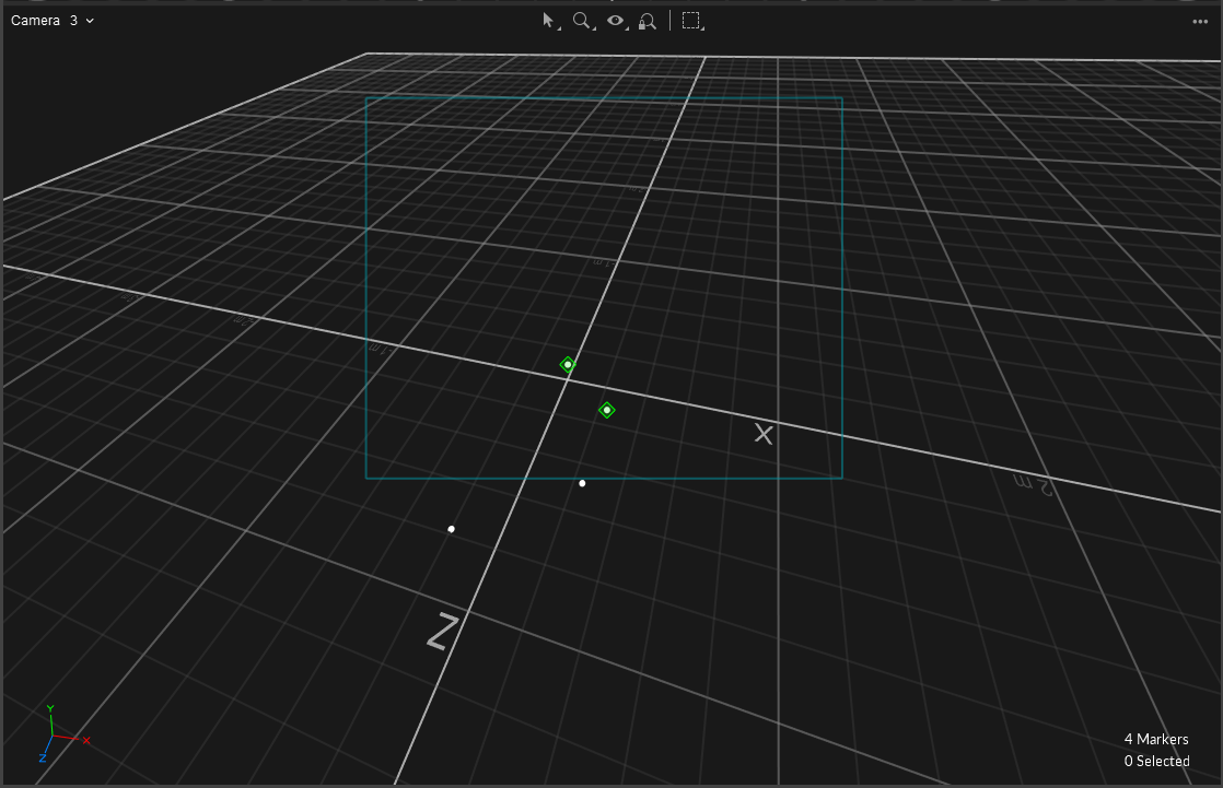 A screenshot of the 2D camera view from a selected camera, showing the camera's field of view, with 2 markers recognized and 2 markers just outside of the Field of View.