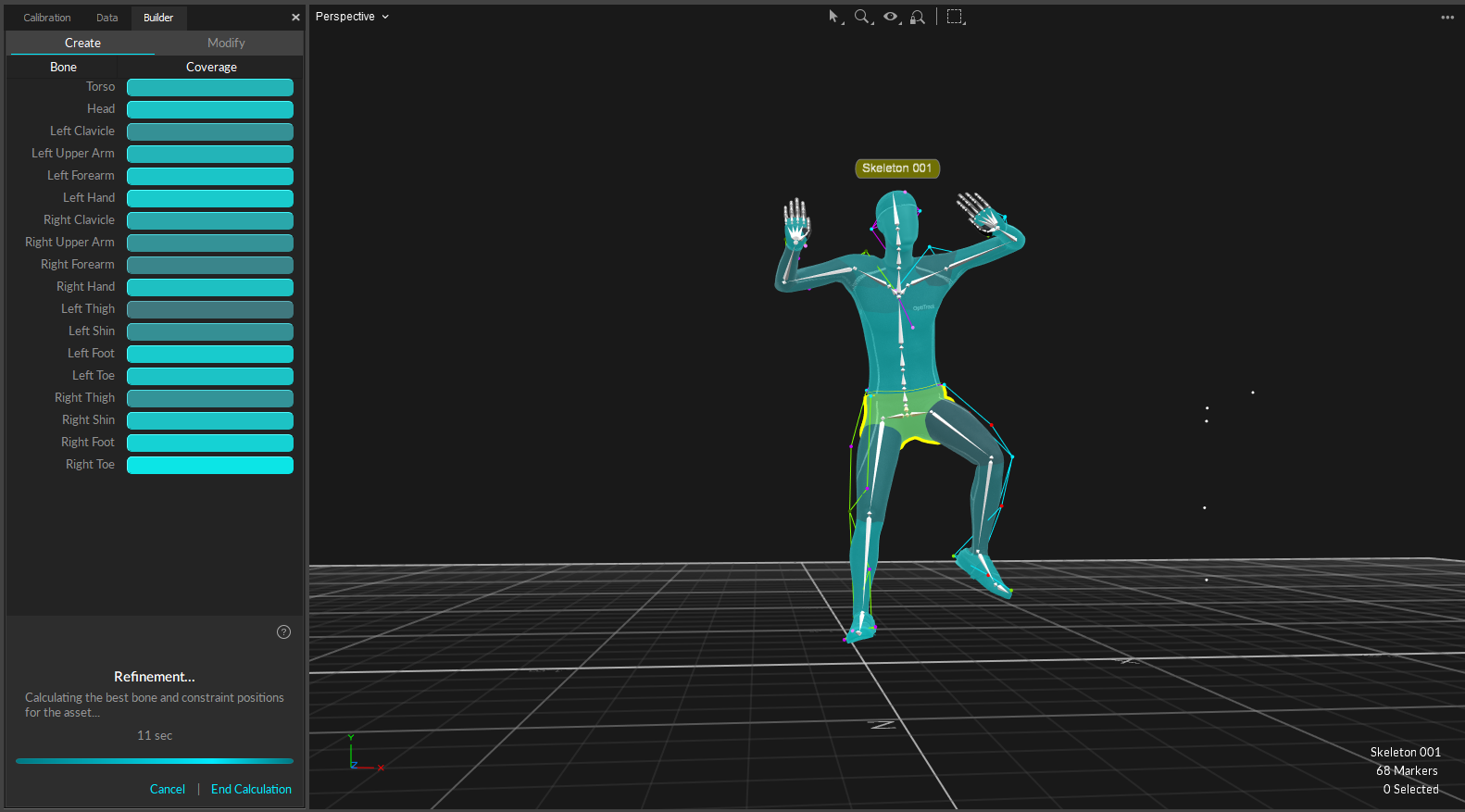A screenshot of the Motive Builder pane and 3D Viewport, showing a skeleton at the completion of Range of Motion data collection, before the calculation is applied.