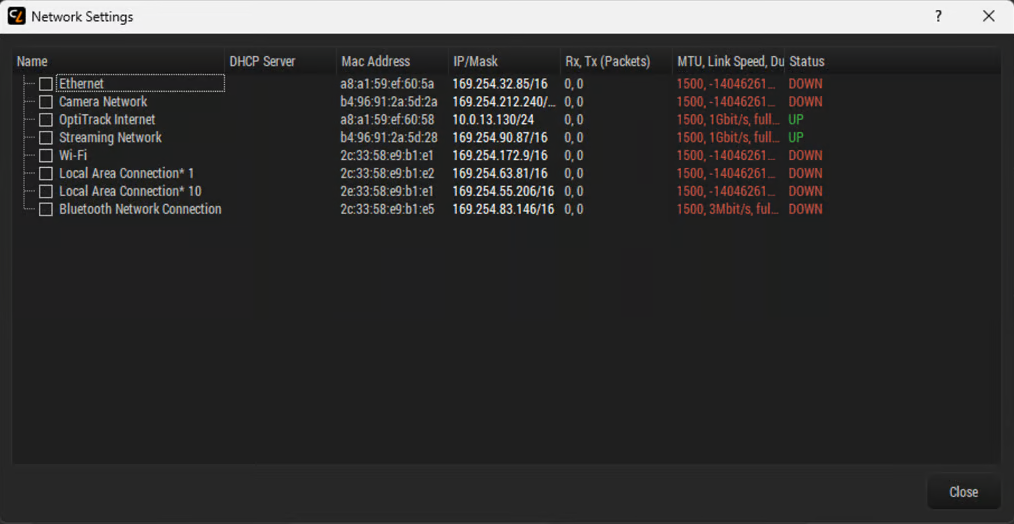 Screenshot of the Captury network settings window.  