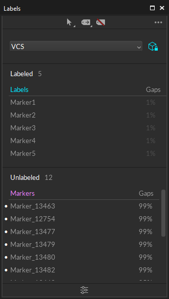 List of labeled markers for the selected Rigid Body and unlabeled markers shown on the Labels pane.