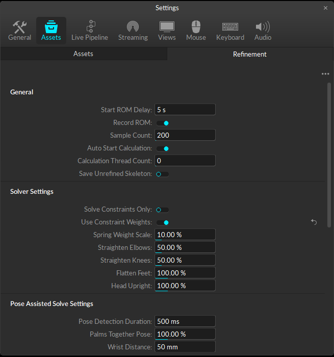 A screenshot of the Motive Settings panel, Assets Tab, with the top half of the Refinement subtab open. Settings categories are General, Solver Settings, and a portion of the Pose Assisted Solve Settings. 