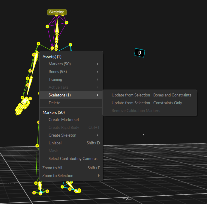 A screenshot of the Motive Viewport with the markers of a skeleton selected and the Context menu displayed. Skeletons (1) is selected on the menu with the options to Update from Selection are displayed. 