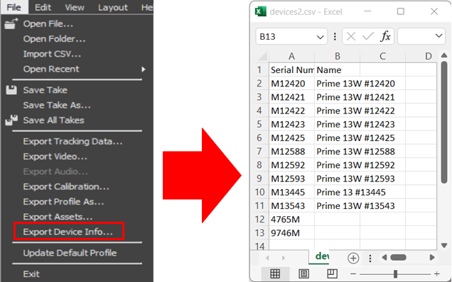 A graphic showing the Motive file menu on the left with the Export Device Info... option highlighted. On the right is a sample of the exported data. A red arrow points from the file menu to the data. 