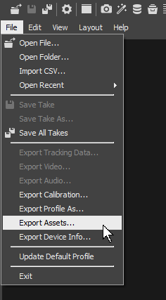 The Motive File menu with the option to Export Assets... selected.