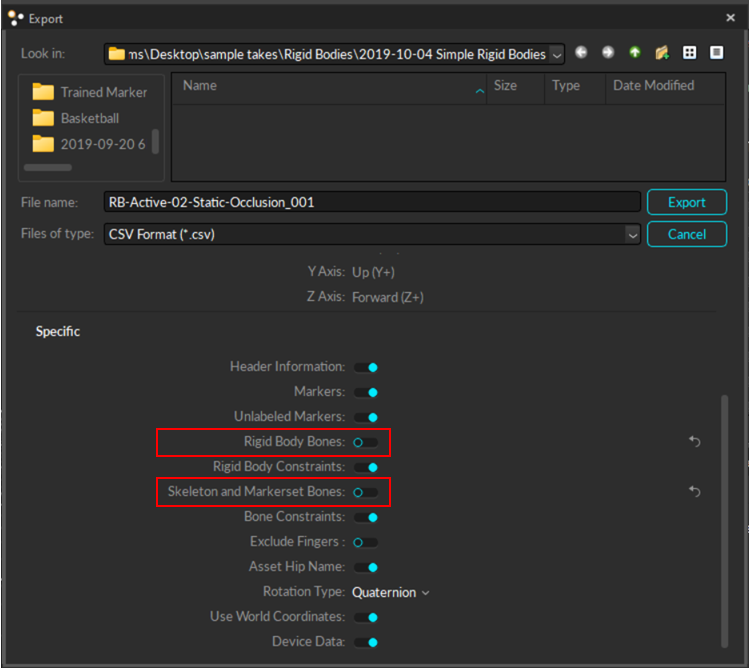The Motive Data Export pane, with the CSV export options shown, and Rigid Body Bones and Skeleton and Markerset Bones options highlighted. 