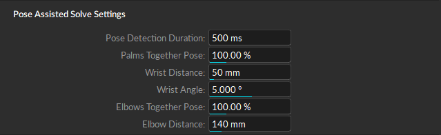 A screenshot of the Pose Assisted Solve Settings section of the Motive Application Settings panel, Asset Tab, Refinement Tab. 