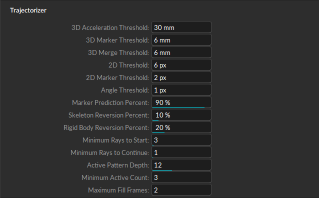 A screenshot of the standard and advanced settings available in the Trajectorizer section of the Live Pipeline settings. 