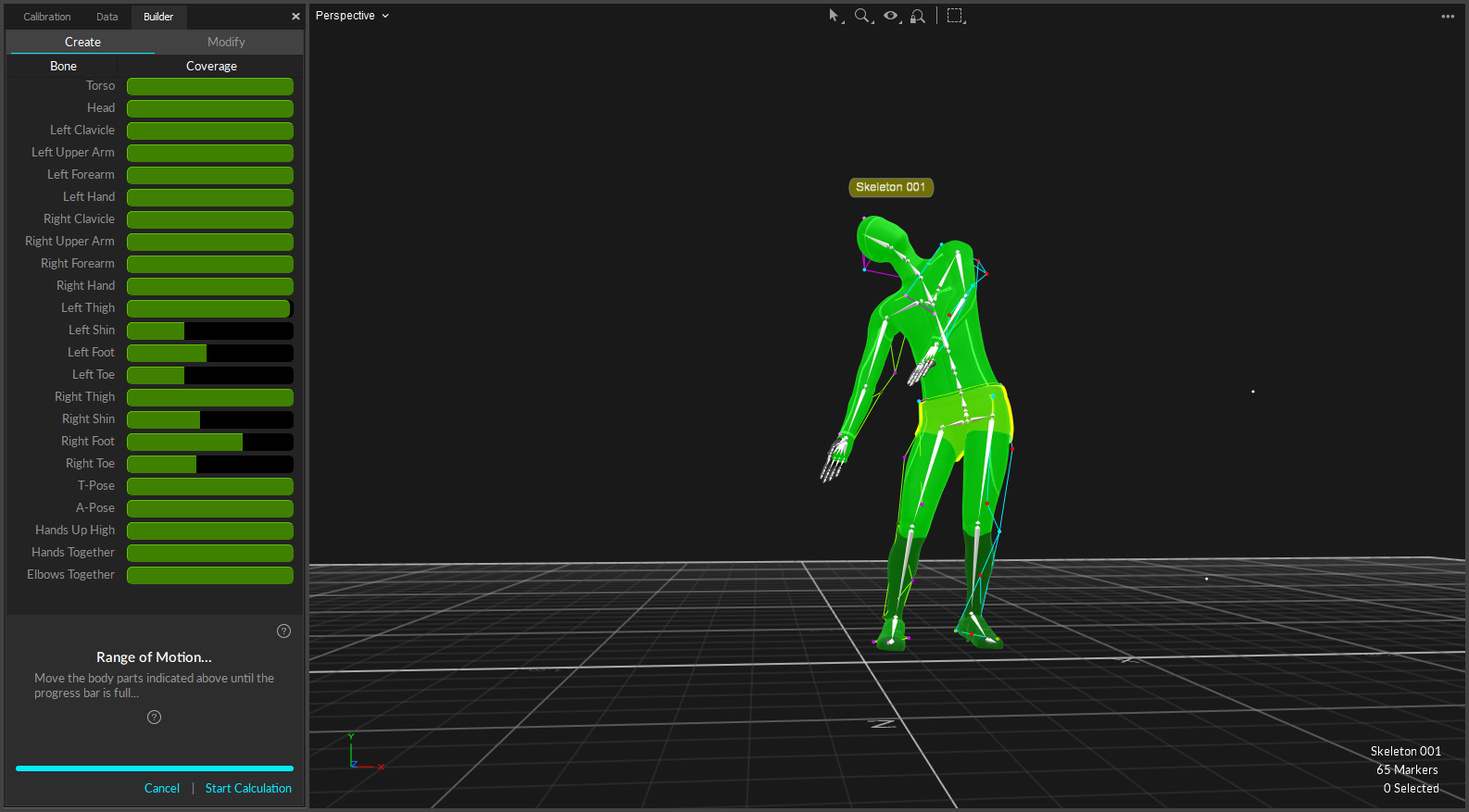 A screenshot of the Motive Builder pane and 3D Viewport, showing a skeleton near the end of Range of Motion data collection. 